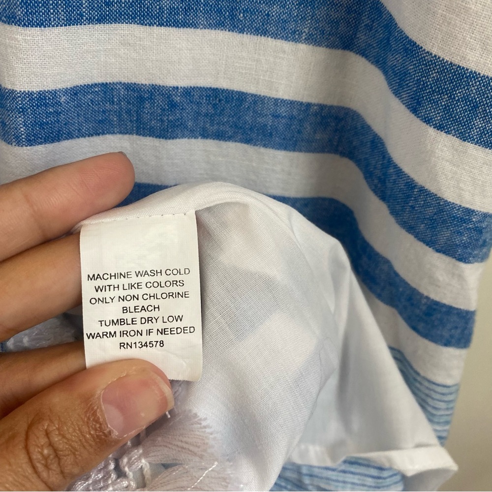 Vineyard Vines | Linen Dress Blue and White Stripes Size 2 Fringe Hem - Picture 6 of 7